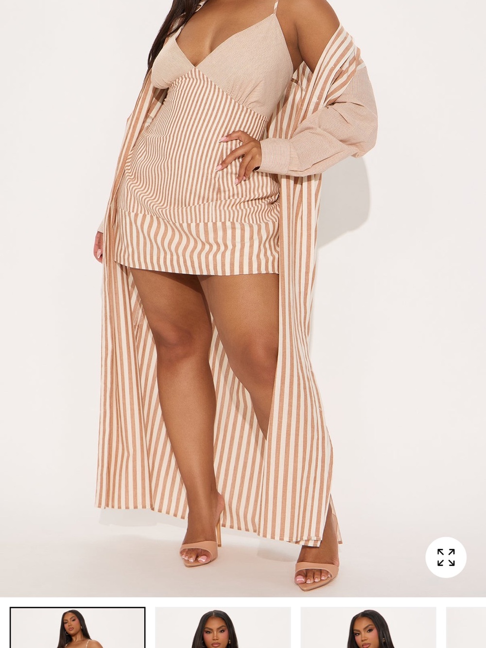 Fashion Nova Beige and White Striped Mini Dress with Duster